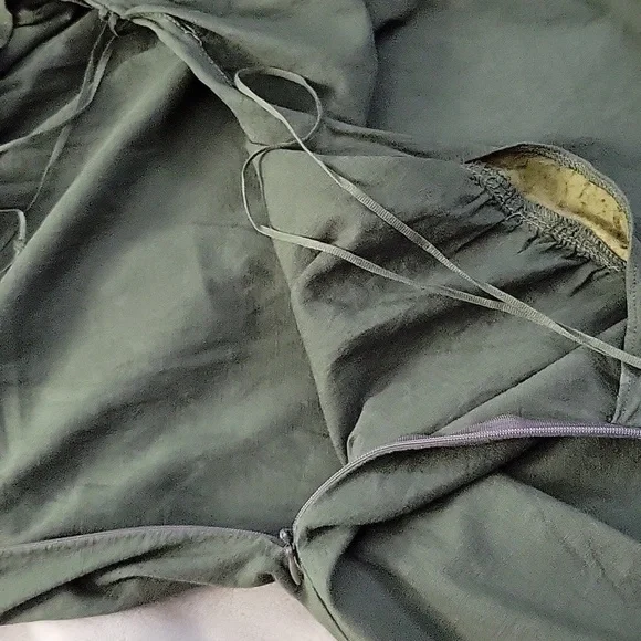 Zara Olive Green Linen Blend Strapless Shoulder Smocked Midi Dress Size M Boho - Picture 11 of 12